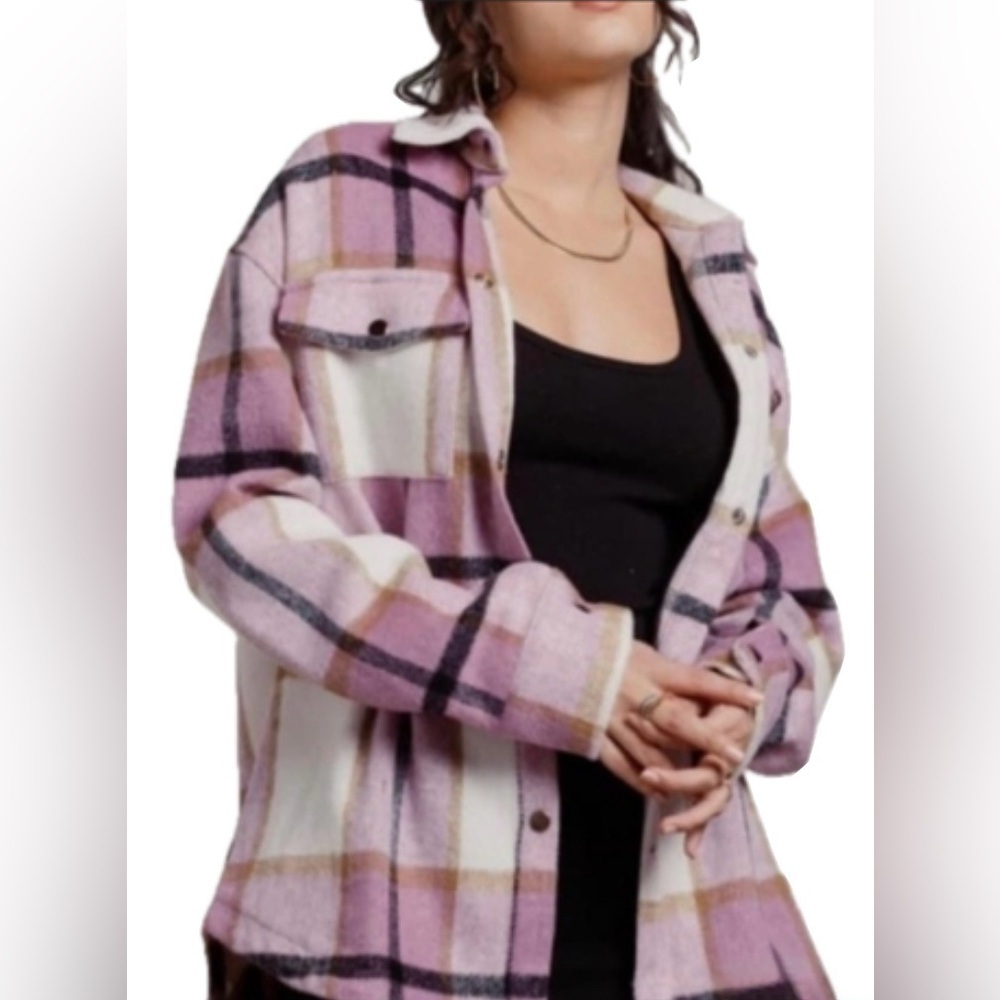 BAILEY ROSE OVERSIDE PLAID Shacket  PINK  & CREAM– SIZE L